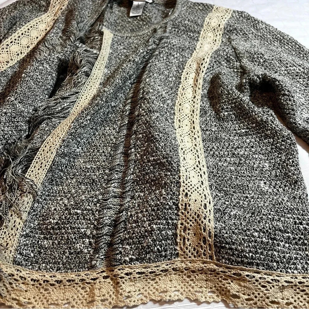 Mary McFadden Tweed Open Front Cardigan Lace Trim & Fringe Details Women's L - Picture 4 of 10
